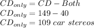 CD_{only} = CD - Both\\CD_{only} =149-40\\CD_{only} =109\ car\ stereos