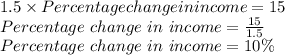 1.5\times Percentage change in income =15\\ Percentage\ change\ in \ income  =\frac{15}{1.5} \\ Percentage\ change\ in \ income = 10\%