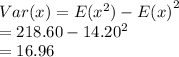 Var(x) = E(x^2)-{E(x)}^2\\= 218.60-14.20^2\\= 16.96