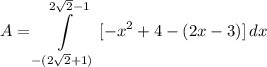 \displaystyle A = \int\limits^{2\sqrt{2} - 1}_{-(2\sqrt{2} + 1)} {[-x^2 + 4 - (2x - 3)]} \, dx