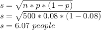 s=\sqrt{n*p*(1-p)} \\s=\sqrt{500*0.08*(1-0.08)} \\s=6.07\ people