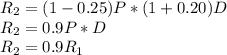 R_2 =(1-0.25) P*(1+0.20)D\\R_2 = 0.9P*D\\R_2=0.9R_1