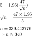 5 = 1.96(\dfrac{47}{\sqrt{n}} )\\\\\sqrt{n} = \dfrac{47\times 1.96}{5}\\\\n = 339.443776\\\Rightarrow n \approx 340
