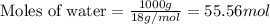 \text{Moles of water}=\frac{1000g}{18g/mol}=55.56mol