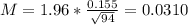 M = 1.96*\frac{0.155}{\sqrt{94}} = 0.0310