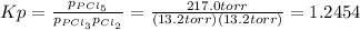 Kp=\frac{p_{PCl_5}}{p_{PCl_3}p_{Cl_2}}=\frac{217.0torr}{(13.2torr)(13.2torr)} =1.2454