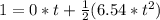 1=0*t+\frac{1}{2} (6.54*t^2)