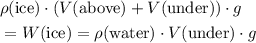 \begin{aligned}& \rho(\text{ice}) \cdot (V(\text{above}) + V(\text{under})) \cdot g \\ &= W(\text{ice}) = \rho(\text{water}) \cdot V(\text{under}) \cdot g\end{aligned}