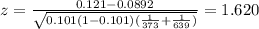 z=\frac{0.121-0.0892}{\sqrt{0.101(1-0.101)(\frac{1}{373}+\frac{1}{639})}}=1.620