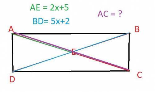 The diagonals of rectangle ABCD intersect at point E. If AE = 2x + 5, and BD = 5x + 2, what is AC? A