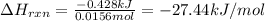 \Delta H_{rxn}=\frac{-0.428kJ}{0.0156mol}=-27.44kJ/mol