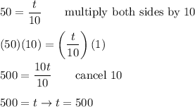50=\dfrac{t}{10}\qquad\text{multiply both sides by 10}\\\\(50)(10)=\left(\dfrac{t}{10}\right)(1)\\\\500=\dfrac{10t}{10}\qquad\text{cancel 10}\\\\500=t\to t=500