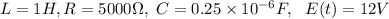L=1H, R=5000\Omega, \ C=0.25\times10^{-6}F, \ \ E(t)=12V