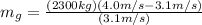m_g = \frac{(2300kg)(4.0m/s-3.1m/s)}{(3.1m/s)}