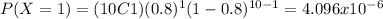 P(X=1)=(10C1)(0.8)^1 (1-0.8)^{10-1}=4.096x10^{-6}