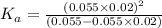 K_a=\frac{(0.055\times 0.02)^2}{(0.055-0.055\times 0.02)}