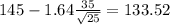 145-1.64\frac{35}{\sqrt{25}}=133.52