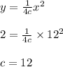 y=\frac{1}{4c}x^2\\\\2=\frac{1}{4c}\times12^2\\\\c=12