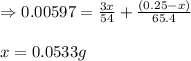 \Rightarrow 0.00597=\frac{3x}{54}+\frac{(0.25-x)}{65.4}\\\\x=0.0533g