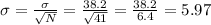 \sigma=\frac{\sigma}{\sqrt{N}} =\frac{38.2}{\sqrt{41}}=\frac{38.2}{6.4} =5.97