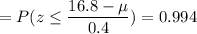 =P( z \leq \displaystyle\frac{16.8 - \mu}{0.4})=0.994