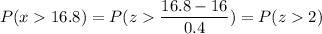 P( x  16.8) = P( z  \displaystyle\frac{16.8 - 16}{0.4}) = P(z  2)