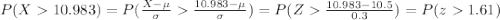 P(X10.983)=P(\frac{X-\mu}{\sigma}\frac{10.983-\mu}{\sigma})=P(Z\frac{10.983-10.5}{0.3})=P(z1.61)