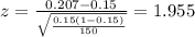 z=\frac{0.207 -0.15}{\sqrt{\frac{0.15(1-0.15)}{150}}}=1.955