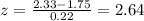 z=\frac{2.33-1.75}{0.22}=2.64