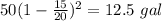 50(1-\frac{15}{20})^2=12.5 \ gal