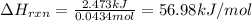 \Delta H_{rxn}=\frac{2.473kJ}{0.0434mol}=56.98kJ/mol