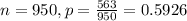 n = 950, p = \frac{563}{950} = 0.5926