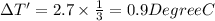 \Delta T' = 2.7 \times \frac{1}{3} = 0.9 Degree C