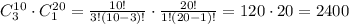 C_3^{10}\cdot C_1^{20}=\frac{10!}{3!(10-3)!}\cdot \frac{20!}{1!(20-1)!}=120\cdot 20=2400