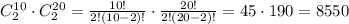 C_2^{10}\cdot C_2^{20}=\frac{10!}{2!(10-2)!}\cdot \frac{20!}{2!(20-2)!}=45\cdot 190=8550