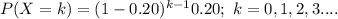 P(X=k)=(1-0.20)^{k-1}0.20;\  k=0, 1, 2, 3....
