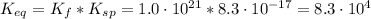 K_{eq} = K_{f}*K_{sp} = 1.0 \cdot 10^{21}*8.3\cdot 10^{-17} = 8.3 \cdot 10^{4}
