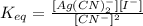 K_{eq} = \frac{[Ag(CN)_{2}^{-}][I^{-}]}{[CN^{-}]^{2}}
