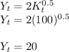 Y_t= 2K_t^{0.5}\\Y_t = 2(100)^{0.5}\\\\Y_t = 20