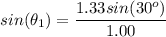 sin (\theta_1) = \dfrac{1.33sin(30^o)}{1.00}