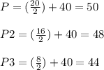 P = (\frac{20}{2} ) + 40 = 50\\ \\P2 = (\frac{16}{2}) + 40 = 48\\ \\P3 = (\frac{8}{2} ) + 40 = 44
