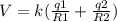 V=k( \frac{q1}{R1}+\frac{q2}{R2} )