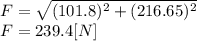 F = \sqrt{(101.8)^{2} +(216.65)^{2} } \\F=239.4[N]