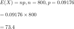 E(X)=np, n=800, p=0.09176\\\\=0.09176\times 800\\\\=73.4