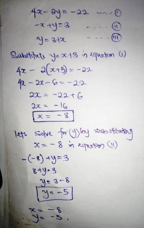 Use substitution to find th7) 4x – 2y = -22-x+ y=3