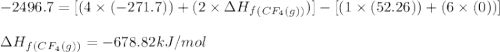 -2496.7=[(4\times (-271.7))+(2\times \Delta H_f_{(CF_4(g))})]-[(1\times (52.26))+(6\times (0))]\\\\\Delta H_f_{(CF_4(g))}=-678.82kJ/mol