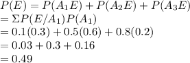 P(E) = P(A_1E)+P(A_2E)+P(A_3E)\\= \Sigma P(E/A_1) P(A_1) \\= 0.1(0.3)+0.5(0.6)+0.8(0.2)\\= 0.03+0.3+0.16\\= 0.49