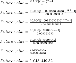 Future\ value = \frac{PMT[(1+r)^n-1]}{r} \\\\Future\ value = \frac{10,000[(1+0.00833333333)^{120}-1]}{0.00833333333} \\\\Future\ value = \frac{10,000[(1.00833333333)^{120}-1]}{0.00833333333} \\\\Future\ value = \frac{10,000[2.70704042-1]}{0.008333333} \\\\Future\ value = \frac{10,000[1.70704042]}{0.00833333333} \\\\Future\ value = \frac{17,070.4042}{0.00833333} \\\\Future\ value = 2,048,449.32 \\\\