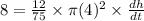 8=\frac{12}{75}\times\pi (4)^2\times \frac{dh}{dt}