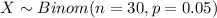 X \sim Binom(n=30, p=0.05)